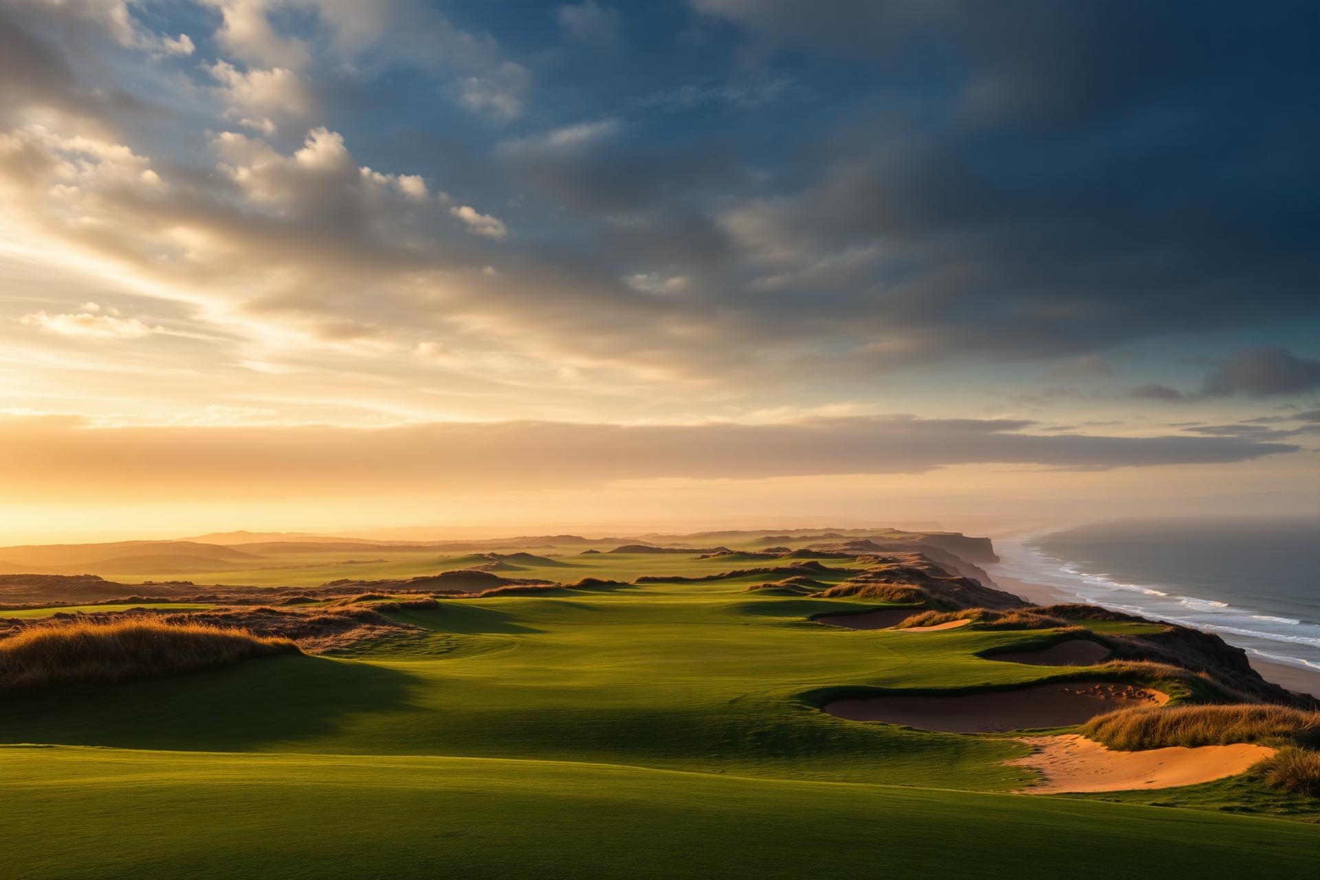 Coastal links golf course at golden hour